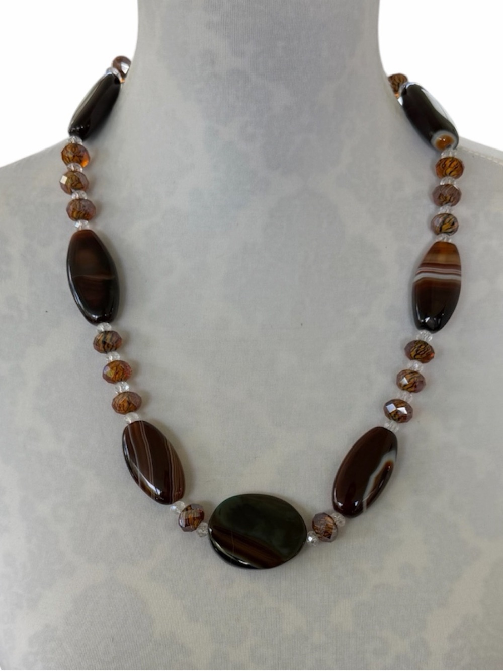 Vintage Brown Banded Agate & Glass Bead Statement Necklace
